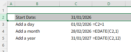 screenshot from Excel showing the date formulas described in the text below.
