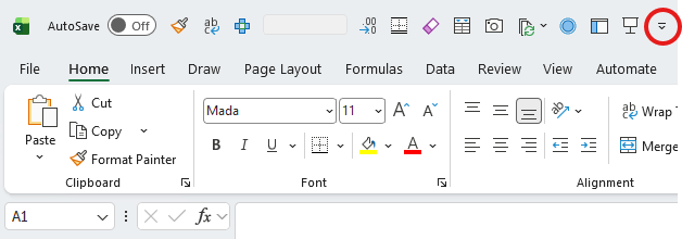 Screenshot showing location of Quick Access Toolbar above the ribbon