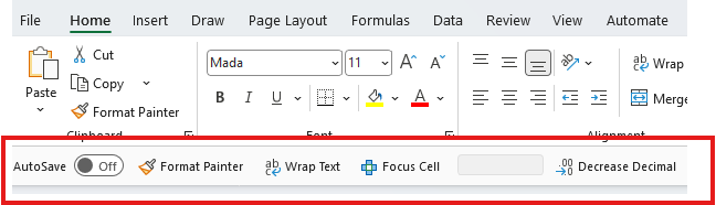 Screenshot showing location of Quick Access Toolbar below the ribbon.